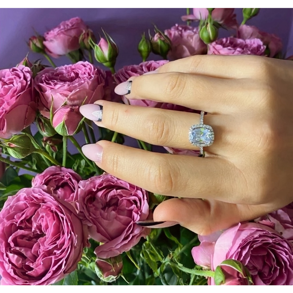 6ct Cushion Cut Halo Engagement Ring | 925 Sterling Silver Platinum - Picture 2 of 16